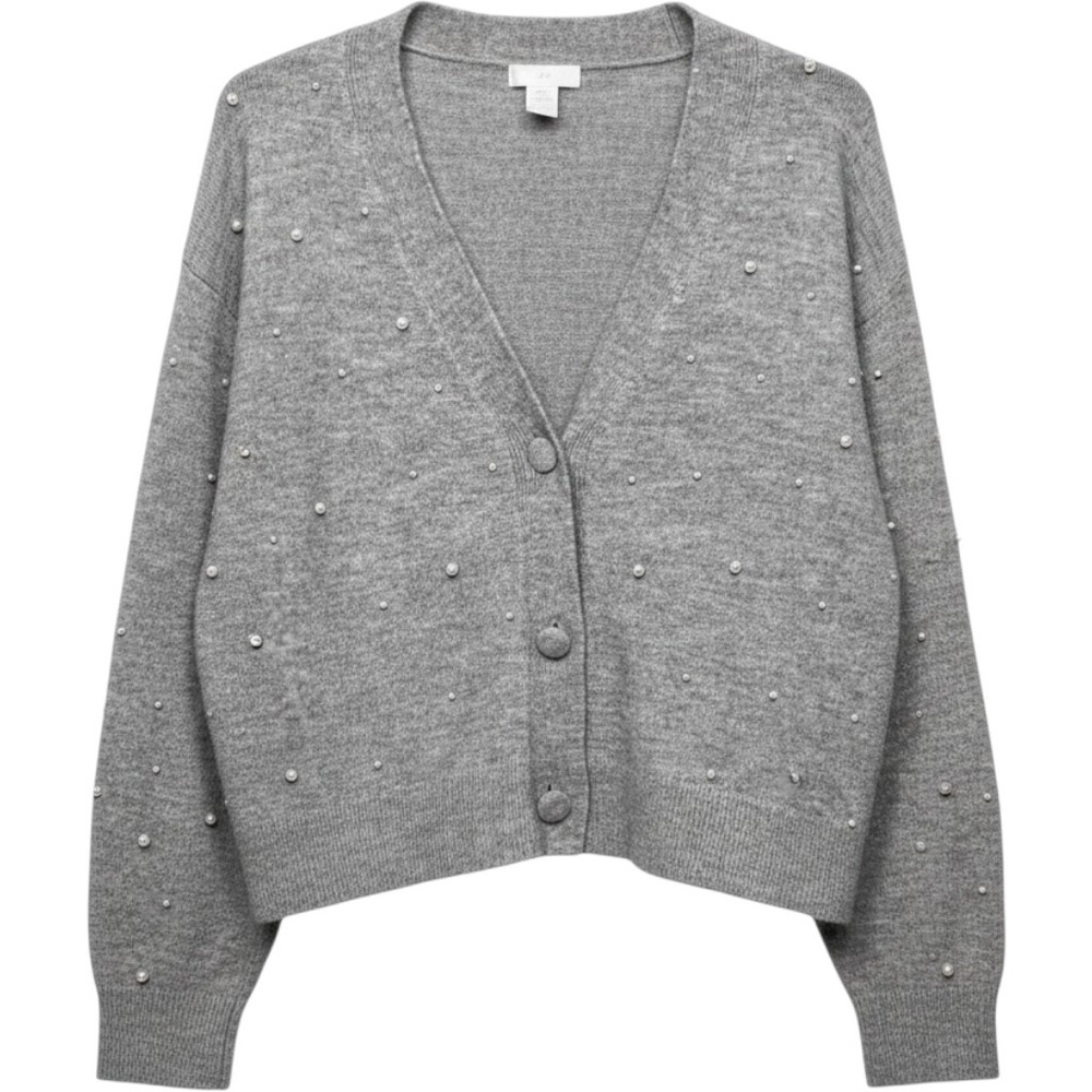 HM Womens XXL Gray Pearl Embellished Cropped Cardigan V-Neck Button Sweater